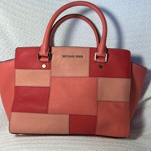 Michael Kors Womens Leather Selma Medium Top Zip Satchel Pink Tile Patchwork
